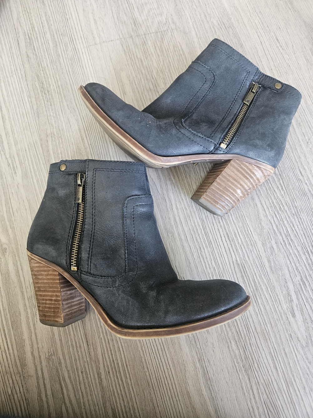 Lucky Brand Black Suede Ankle Booties with Stacked Wood Heel